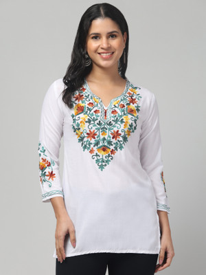 MISS DESIRE Women Embroidered A-line Kurta(White)