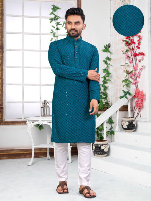 Wearbird Men Embellished Straight Kurta(Light Blue)