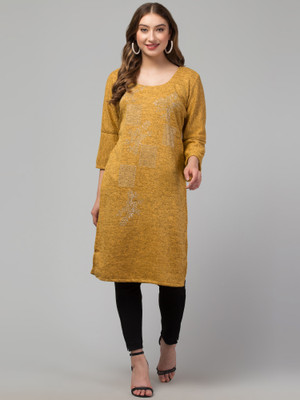 CROWNKING Women Embroidered Straight Kurta(Yellow)