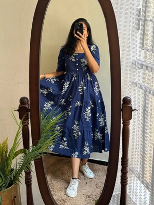 RENUKA CREATION Women Printed Flared Kurta(Blue)