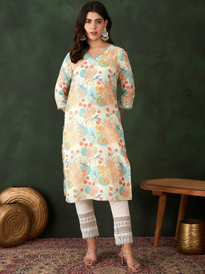 Sangria Women Printed Straight Kurta(Beige)