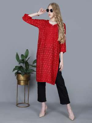 The Chikankari Story Women Printed Straight Kurta(Red)