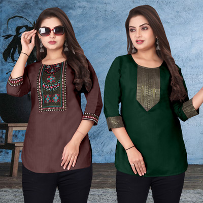 FSR Women Solid, Embroidered A-line Kurta(Multicolor)