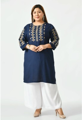 VAAMII Women Embroidered A-line Kurta(Blue)