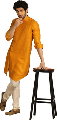 MANYAVAR Men Solid High Low Kurta(Yellow)