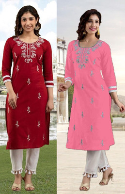 SISTO Women Chikan Embroidery Straight Kurta(Multicolor)