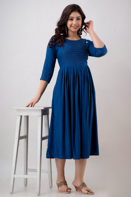 HouseOfCommon Women Solid Flared Kurta(Dark Blue)