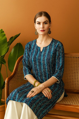 Gvastra Women Printed A-line Kurta(Dark Blue)