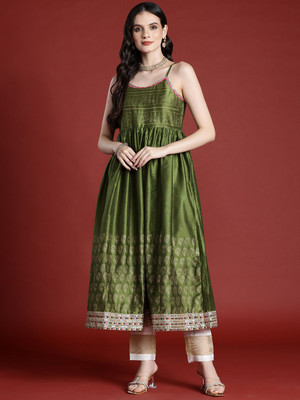 ANOUK Women Printed A-line Kurta(Green)