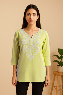 Toshani Women Chikan Embroidery Straight Kurta(Yellow)