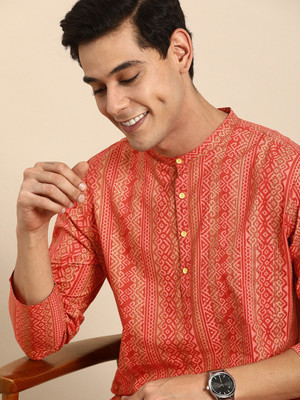 ANOUK Men Printed Straight Kurta(Orange)