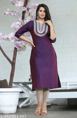 Wasma Fashion Women Embroidered, Solid Straight Kurta(Purple)