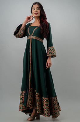 ftDiva Women Floral Print Flared Kurta(Dark Green)