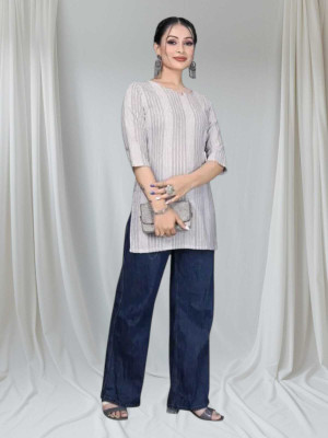 Texpa Creationkl Women Printed Straight Kurta(White, Grey)