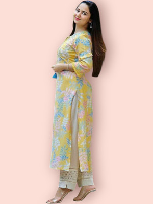 flexflow Women Printed Straight Kurta(Yellow)