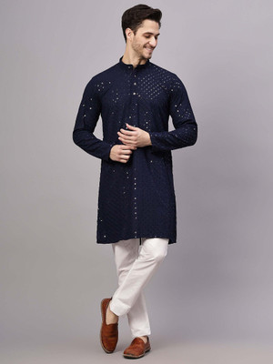 FireFish Men Chikan Embroidery A-line Kurta(Dark Blue)