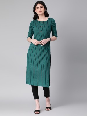 TGT Women Striped Straight Kurta(Black, Green)