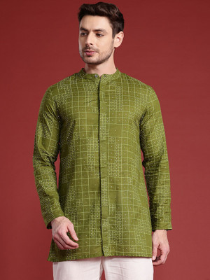 ANOUK Men Checkered Straight Kurta(Green)