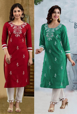 vikshi Women Chikan Embroidery Straight Kurta(Red, Green)