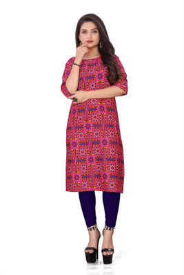 zindora Women Printed Straight Kurta(Pink)
