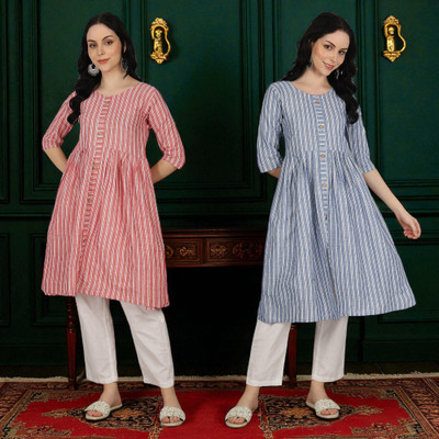 Ladylaz Women Striped Anarkali Kurta(Multicolor)