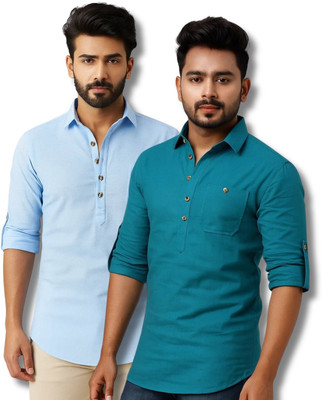 VIMASUTI Men Solid Straight Kurta(Light Blue, Blue)