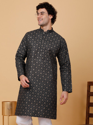 kraft india Men Printed Straight Kurta(Black)