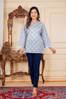 Aneema Women Printed Straight Kurta(Blue)