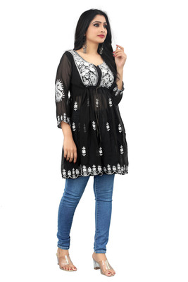 Amber Creation Women Embroidered Flared Kurta(Black)