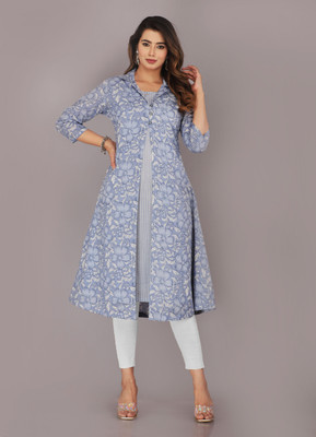 Kriftee Women Printed A-line Kurta(Grey)