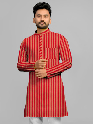 Afifa Collections Men Striped Straight Kurta(Red, Beige)
