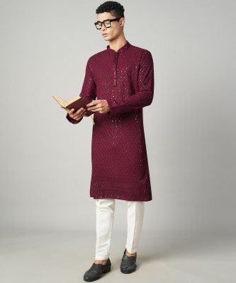 Kaashi Couture Men Chikan Embroidery Straight Kurta(Purple)