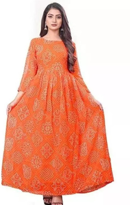 varni creations Women Abstract Anarkali Kurta(Orange)