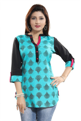 Anmi Luscious Light Rama Cotton Printed Tunic Top with Roll On Sleeves Printed Women Straight Kurta(Green)