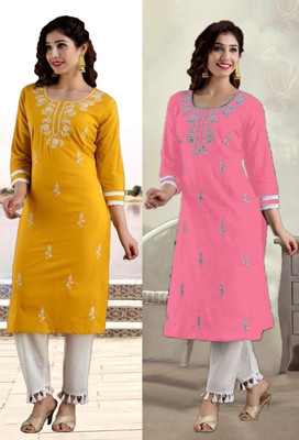 SISTO Women Chikan Embroidery Straight Kurta(Multicolor)
