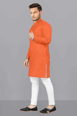 kanha creation Men Solid Straight Kurta(Orange)