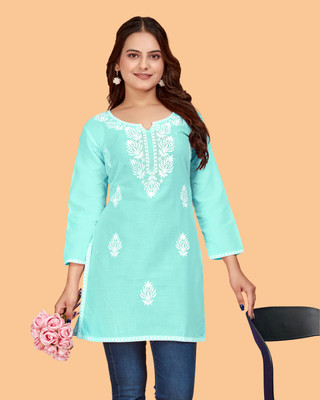DharmHouse Women Chikan Embroidery Straight Kurta(Light Blue)