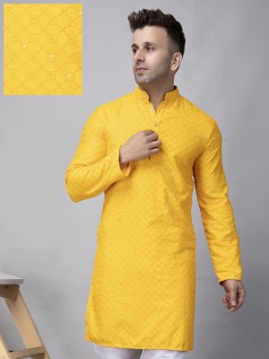 Hangup Men Embroidered A-line Kurta(Yellow)