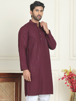 ANOUK Men Embroidered Straight Kurta(Purple)
