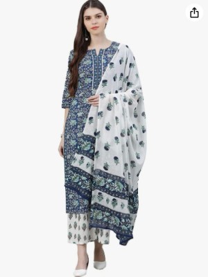 Yasti Enterprise Women Floral Print A-line Kurta(Light Blue)