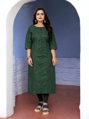 Ladylaz Women Embroidered Straight Kurta(Green)