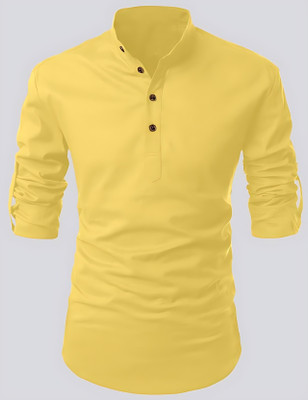 PoshSide Men Solid Flared Kurta(Yellow)