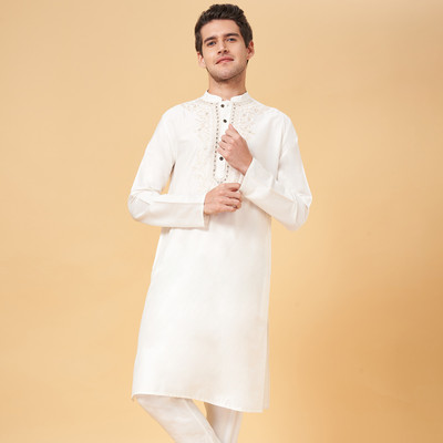 Indus Route by Pantaloons Men Embroidered A-line Kurta(White)