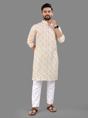 allan peter Men Printed Straight Kurta(Pink, White)