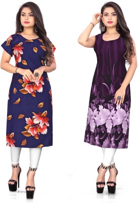 Hiral Creation Women Floral Print Straight Kurta(Blue, Purple)