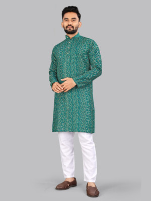 allan peter Men Printed Straight Kurta(Green)