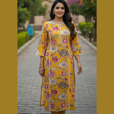 M Rani Women Floral Print Straight Kurta(Yellow)