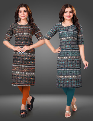 MOBHISA Women Printed Straight Kurta(Light Blue)