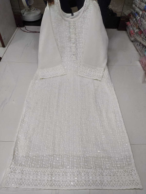 Alankrit Textiles Women Chikan Embroidery A-line Kurta(White)