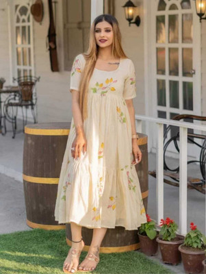 ROOPRANI TEXTILES Women Floral Print Anarkali Kurta(Beige)